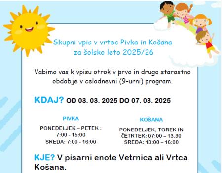 Skupni vpis v vrtec Pivka in Košana za šolsko leto 2025/26