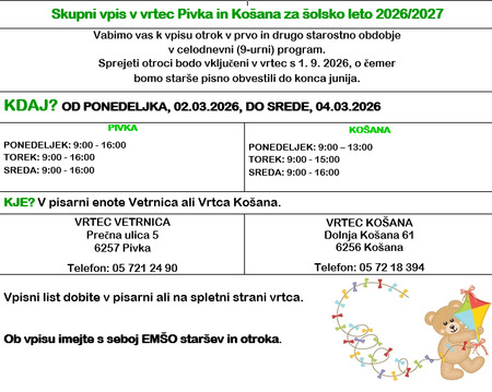 Tabela s podatki o vpisu v vrtec Piva in vrtec Košana v 2026/2027