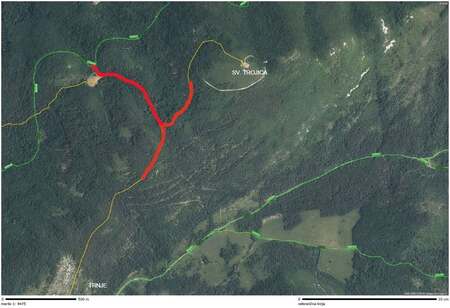 prikaz območja z deli v območju planinske poti na Sv. Trojico